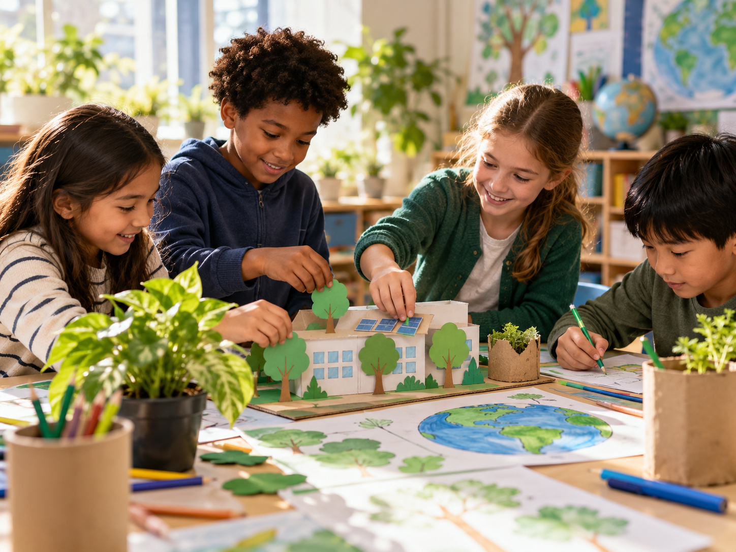Schoolchildren working together on an environmental model
