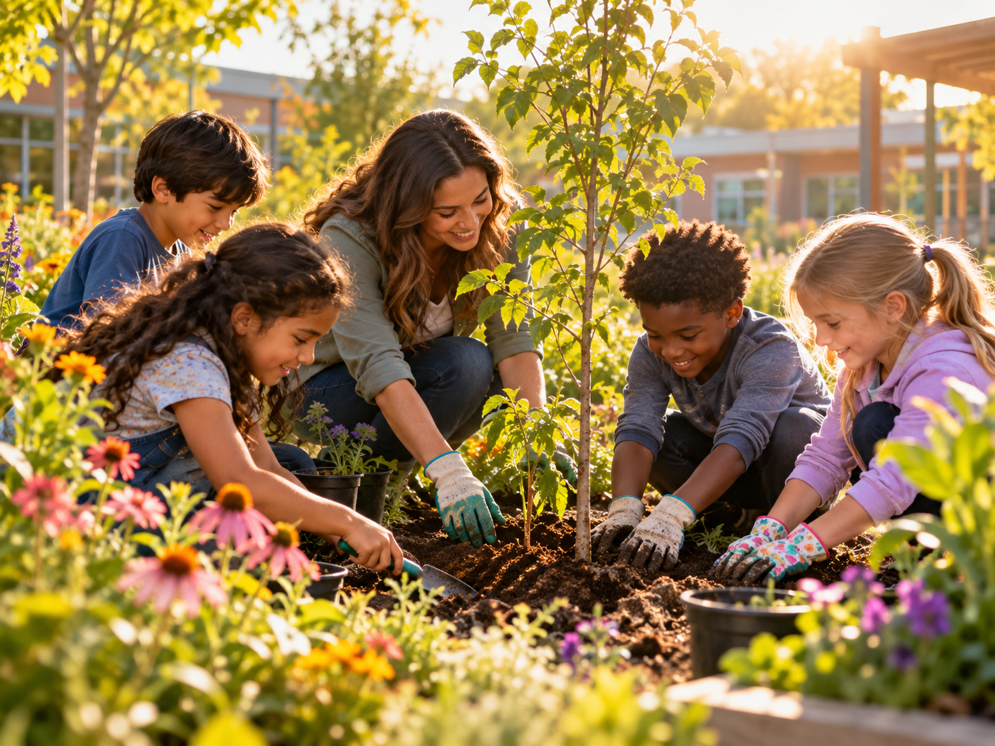 Illustration of children and a teacher planting a tree