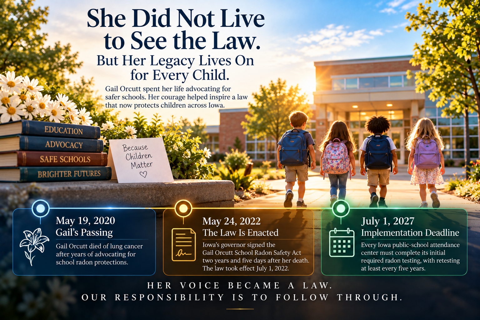 Illustrated timeline of Gail's passing, enactment of the Iowa law, and the 2027 initial testing deadline
