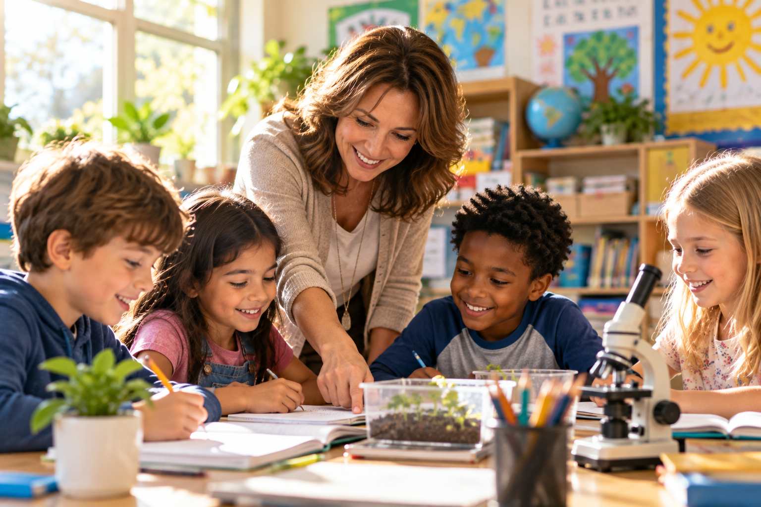 Illustration of a teacher guiding children through a lesson