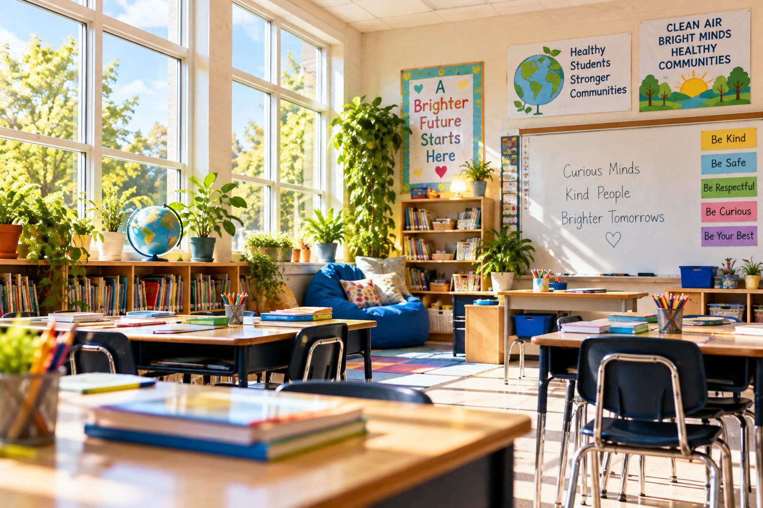 Sun-filled elementary classroom illustration